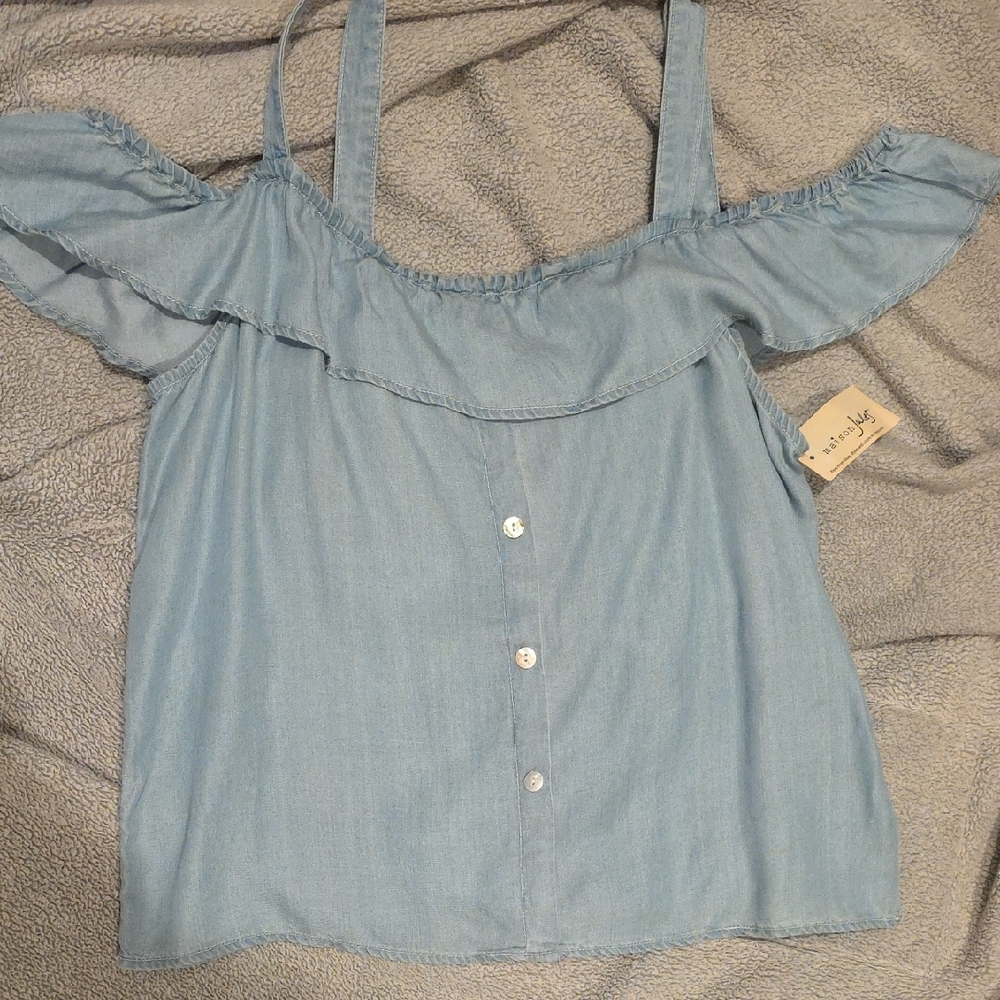 New York & Company Light Blue Ruffled Blouse